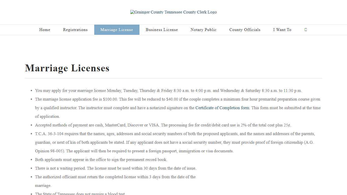 Marriage License – Grainger County Tennessee County Clerk